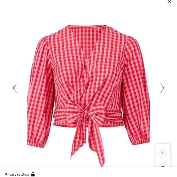 Draper James Eloquii red and pink checkered wrap top with tie waist - Picture 3 of 5